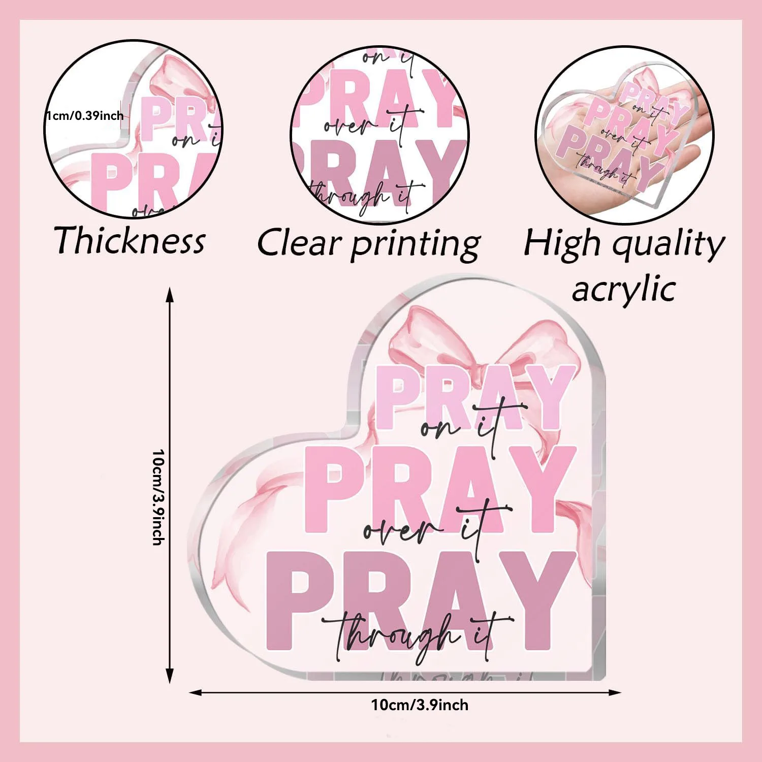 Pray on It Pink Office Desk Decor - Bow Acrylic Heart Sign Decorative on Bathroom Room Bedroom - Christian Gifts
