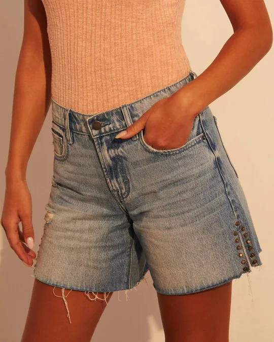 

Womens Summer Denim Shorts Retro Distress High Waist Raw Hem Side Slit Straight Leg Jean Short Pants