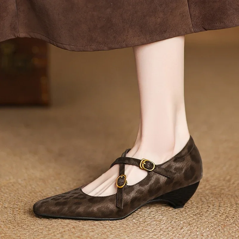 

2025 New Spring Women Pumps Genuine Leather Shoes for Women Square Toe Med Heel Cross-tied Buckle Strap Mary Janes Ladies Shoes