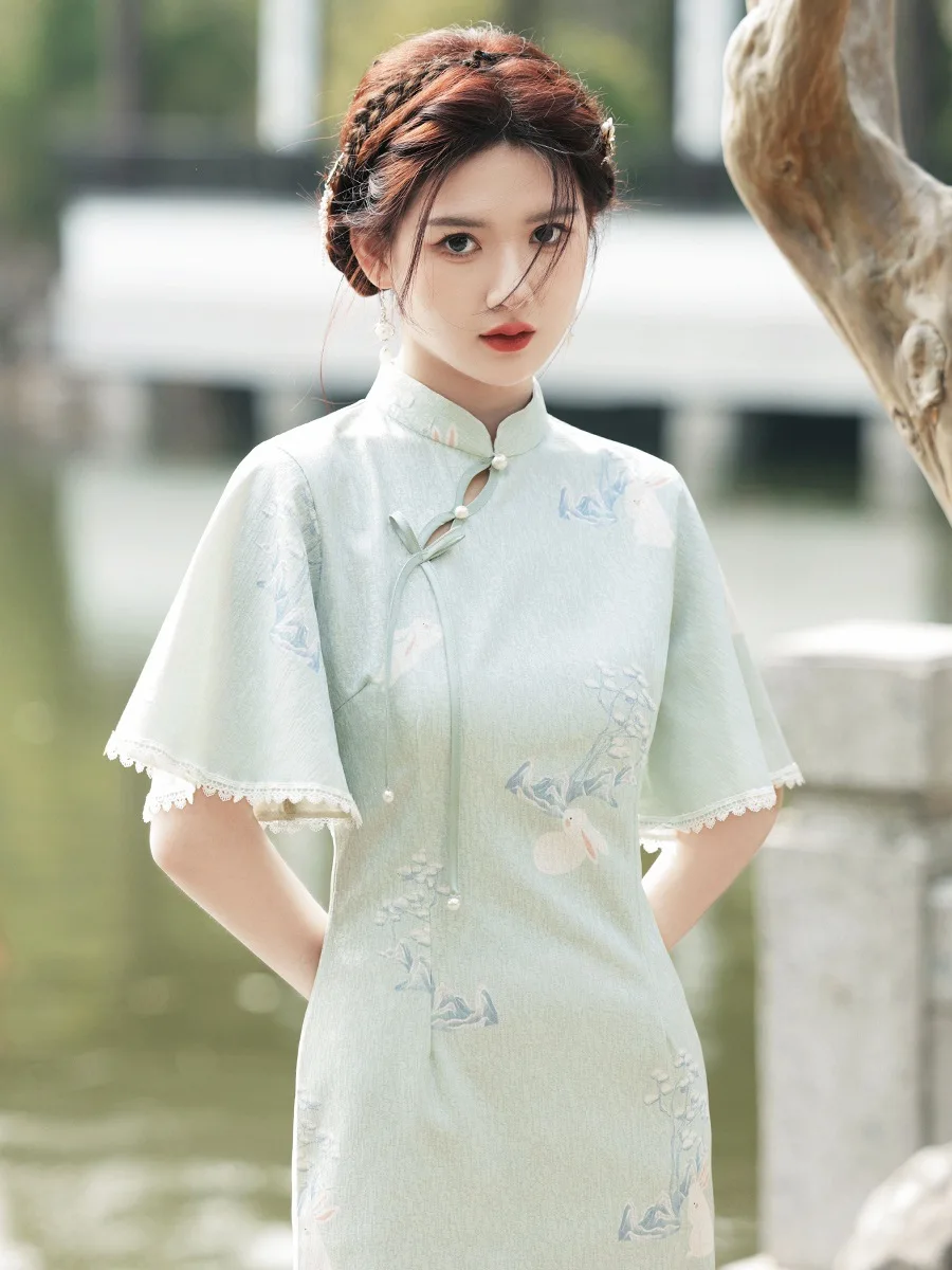 

Women 2023 New Green Vintage Cheongsam Handmade Button Long Dress Slim Floral Summer Qipao Ruffle Sleeve S To XXL