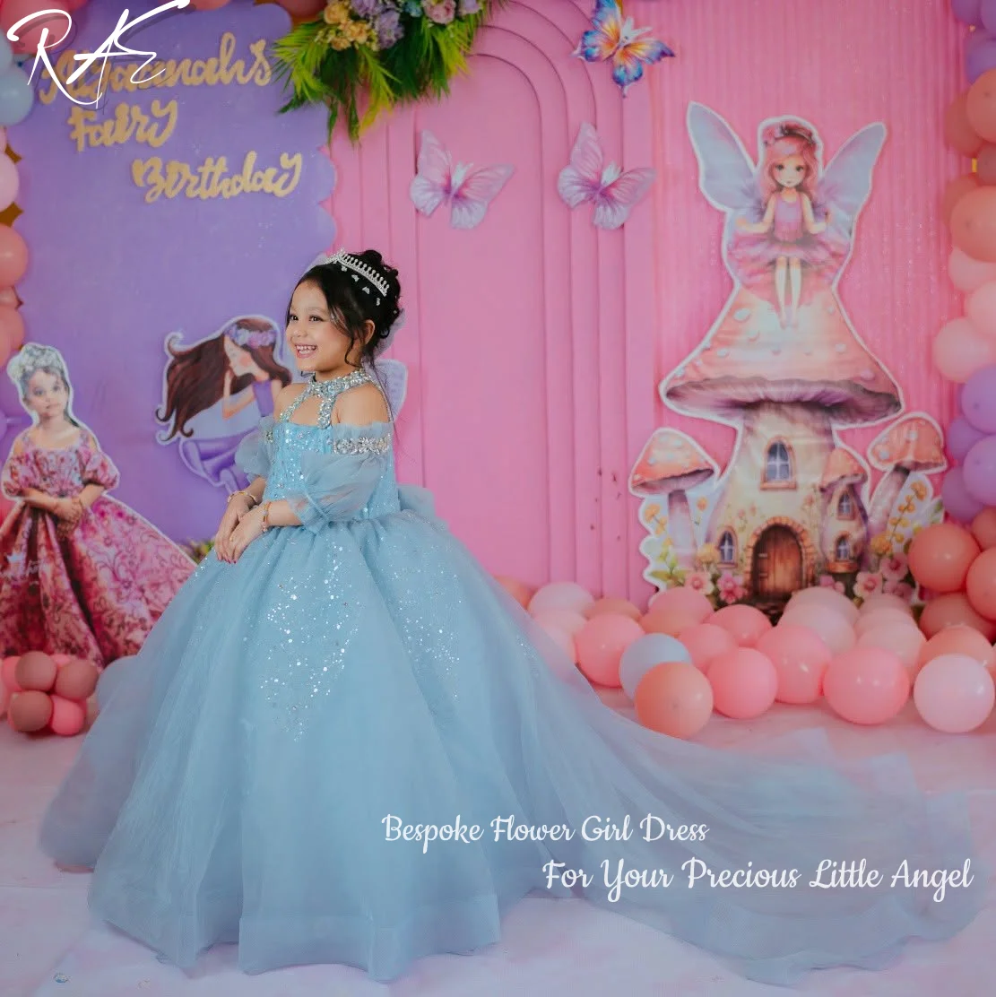 Halter Flower Girl Dress Cold Shoulder Puffy Short Sleeves Rhinestone Bodice Glitter Tulle Long Train Birthday Pageant Formal
