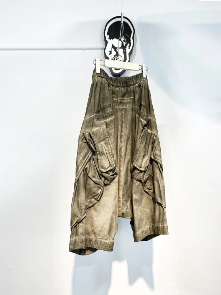 Avant-Garde Style Wear Wasteland Dark Self-Made Mud Dyed Distressed Functional Multi-Pocket Cropped Pants Men's Hip Hop