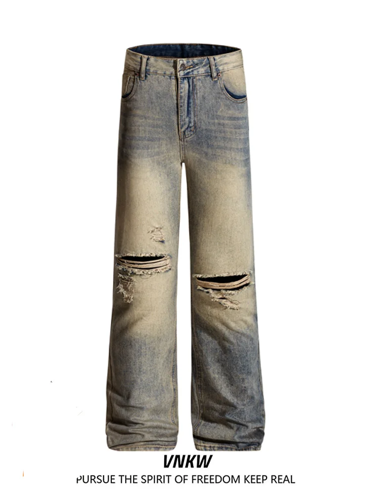 

Retro American Mud Dye Hole Denim Jeans Loose Straight Leg Men's Long Trousers Casual Straight Tube Pants Autumn Cotton Polye...