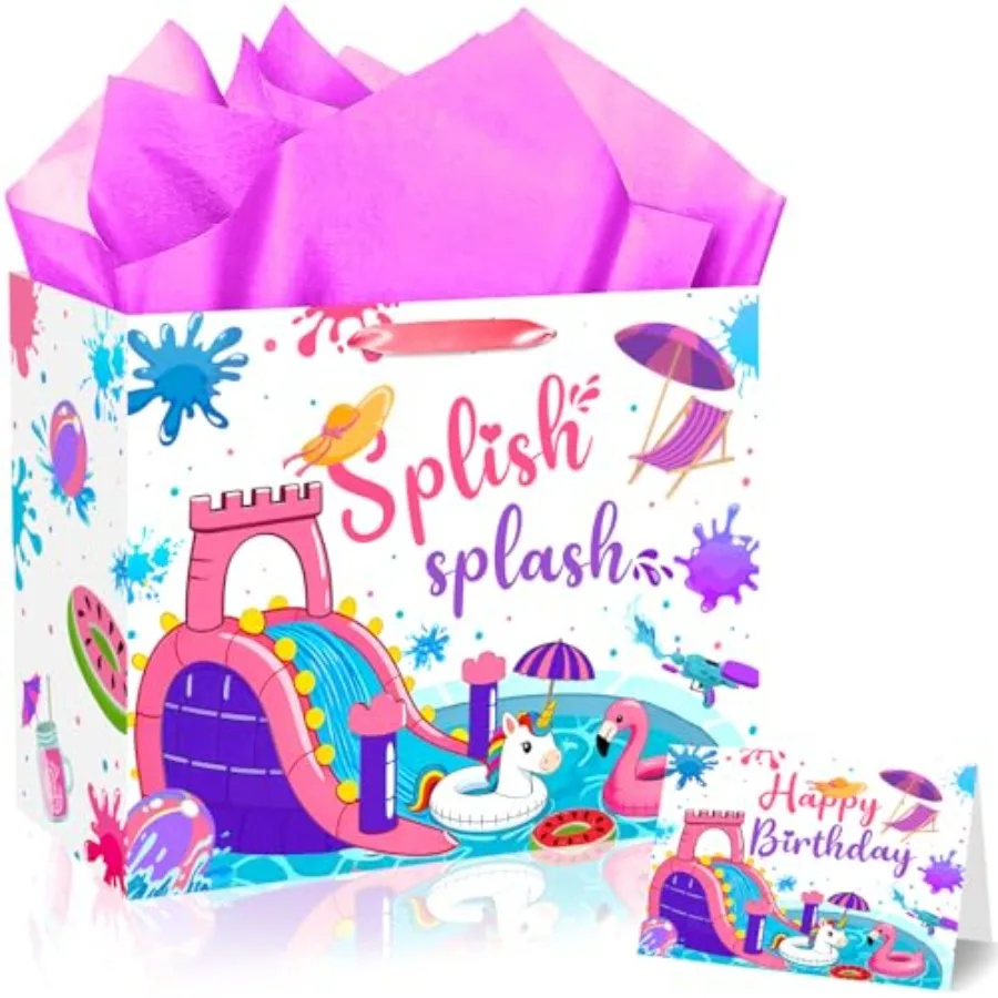 

Pink Splish Splash Gift Bag with Tissue Paper and Birthday Card, Pink Water Slide Party Favor Bag, Large Wrapping Paper Gift Ba