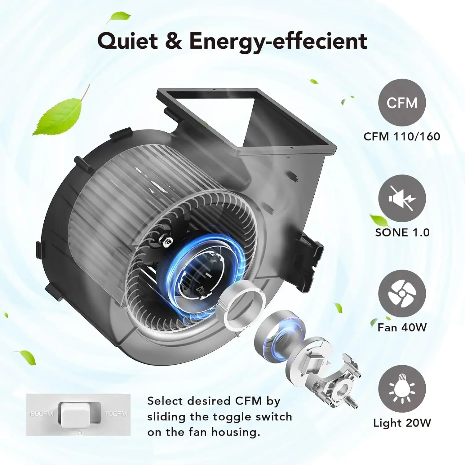 OL005 Badkamerventilator met Bluetooth-luidspreker, 110/160 CFM 1.0 Badkamerafzuigventilator met licht, 40W badkamerventilator met licht en afstandsbediening