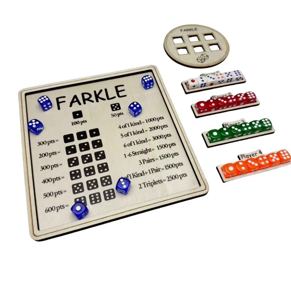 Solid Wood Farkle Dice Set with Square Tray,includes 6 Colorful Dice with Storage Case,Perfect for Game Nights Family Gatherings
