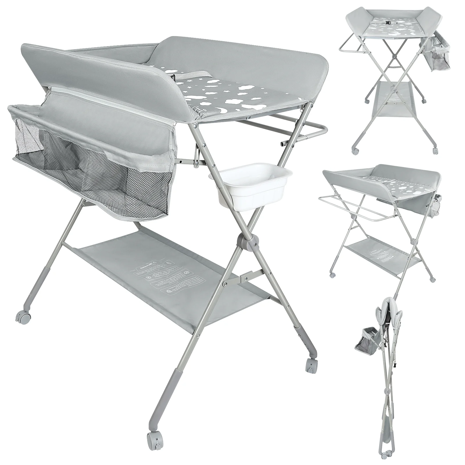 Fasciatoio portatile con ruote, pieghevole, altezza regolabile, con organizer portaoggetti, con piccolo lavabo, per neonati e bambini (grigio scuro/blu scuro/nero/grigio chiaro)