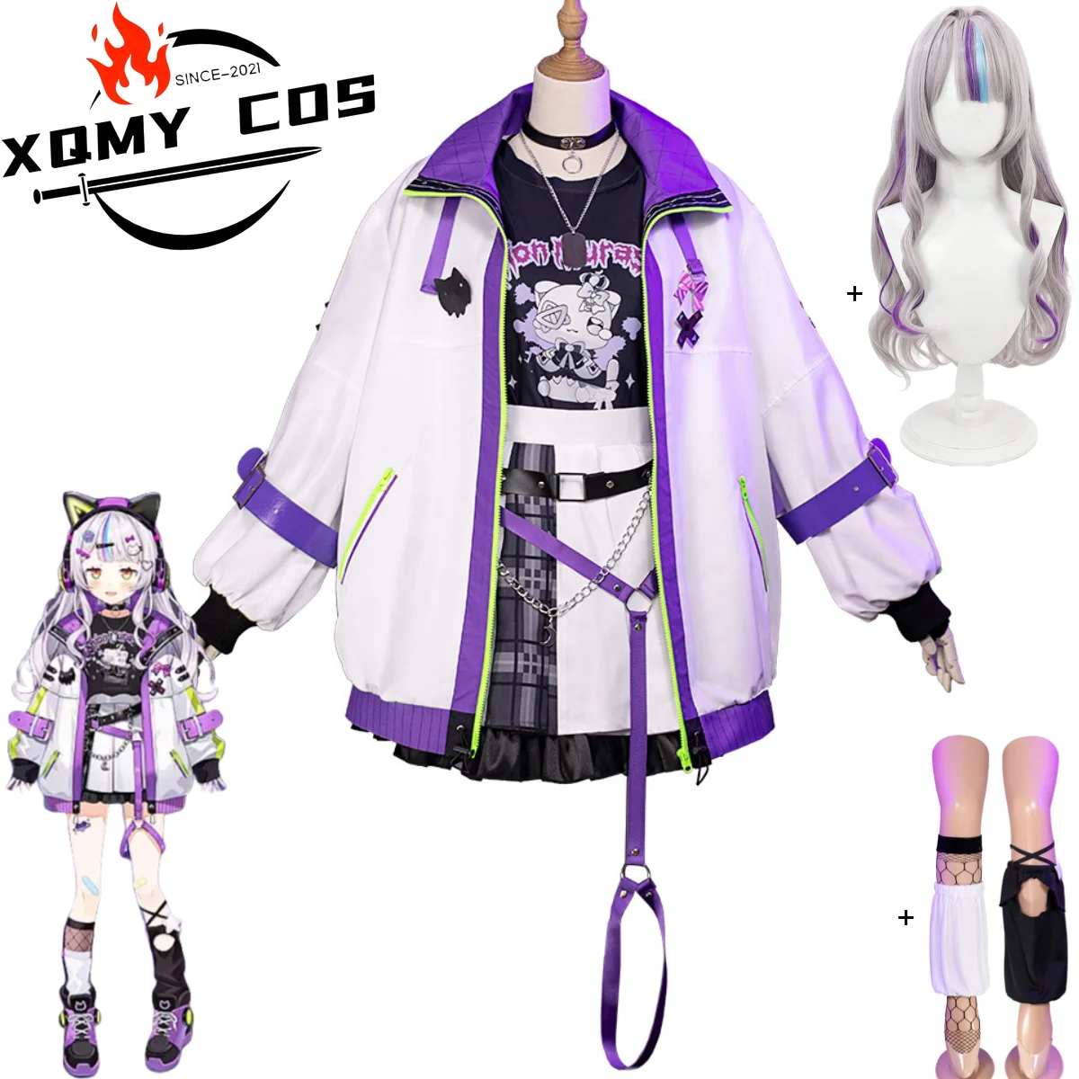 

XqAnime Virtual YouTuber Murasaki Shion Косплей Костюм Hololive Киберспортивный стиль Пальто Короткая юбка Футболка Парик Женский сексуальный костюм для вечеринки