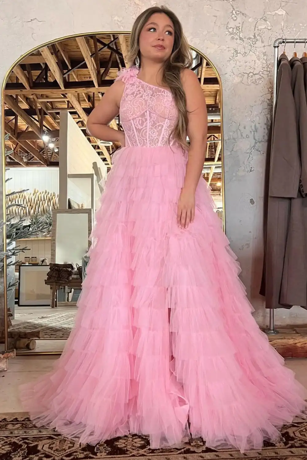 Una linea una spalla A strati lungo abito da ballo in Tulle con spacco Ruffles pizzo pieghettato senza maniche abiti da festa formali abiti da sera