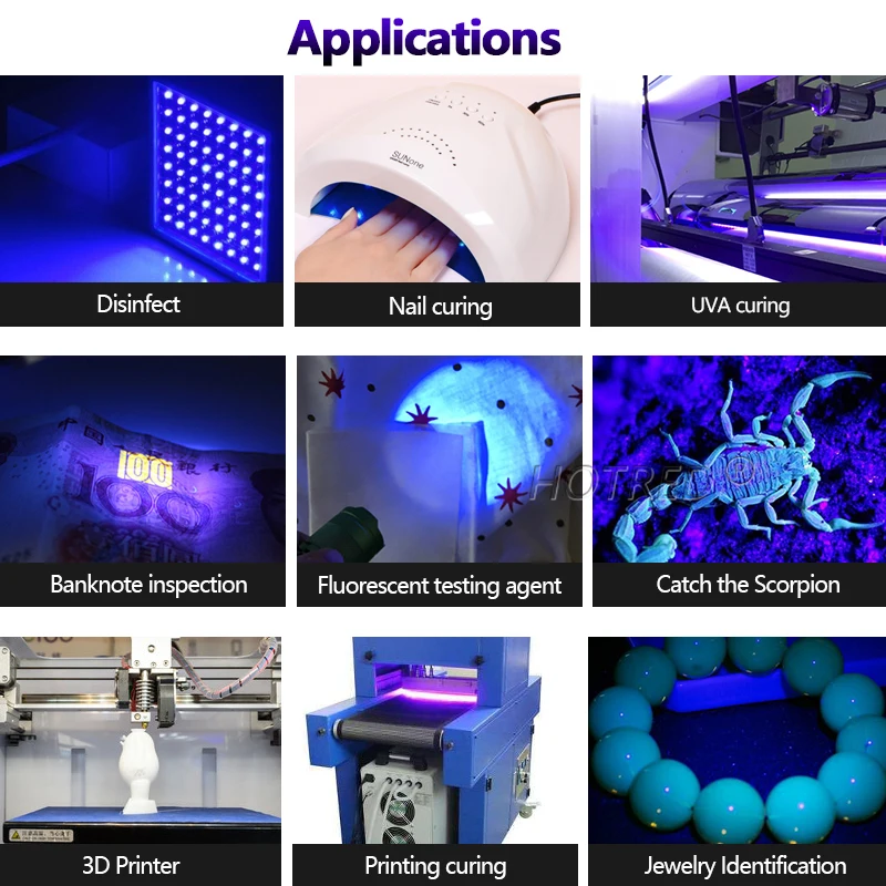 UV LED Chip Light para verificação de cura da impressora, roxo, 3V, 6V, 12V, 3W, 5W, 10W, 12W, 3535 XPE, 5050, XLM, LG6565, 365nm, 370nm, 395nm,