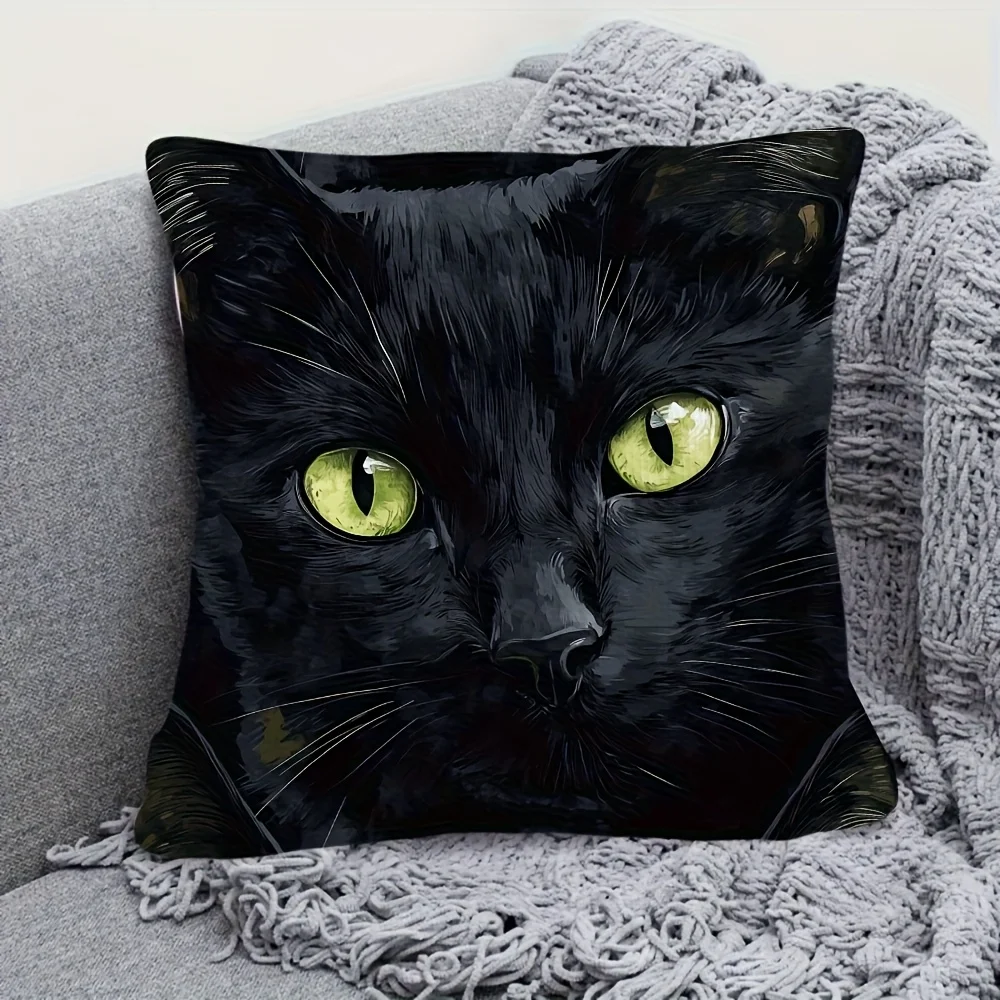 1pc 18x18 Inch Ultra-Soft Short Plush Pillow Cover - Black Cat with Green Eyes Single-Sided Print, Zipper Closure, Machine Washable, Contemporary Style Decorative Cushion Cover for Sofa & Bedroom Decor (No Insert Included)