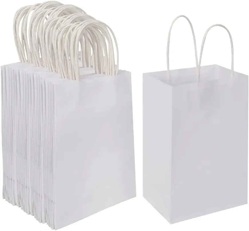 

100 Pack Small White Kraft Paper Bags with Handles for Birthday Wedding Party Favors Grocery Retail Shopping Gift Bags