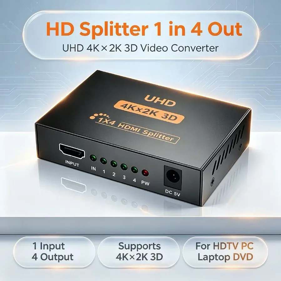 1X4 HDMI‑compatible Splitter 1 In 4 Out 4K 2K UHD Video Amplifier Distributor For HDTV Monitor Laptop PC PS3 PS4 Xbox Projector