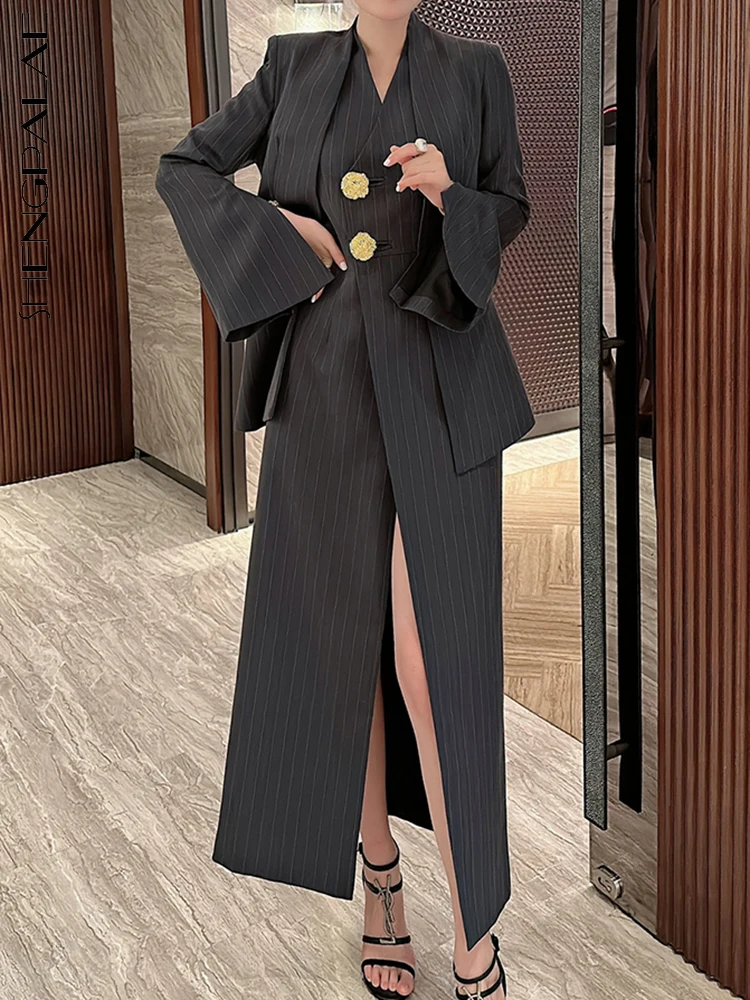 

SHENGPALAE Women's 2 Pieces Sets Fashion Striped Suit Jacket V-neck Sleeveless Single Breasted Slit Dress Autumn 2024 New 5R5493