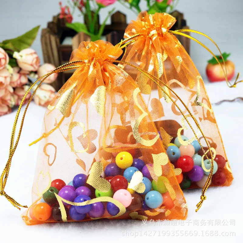 Printed Heart Organza Bags 15*20cm Gift Bag Wedding Drawstring Pouch Charms Jewelry Accessories Packaging Bags (100 Pcs/lot)