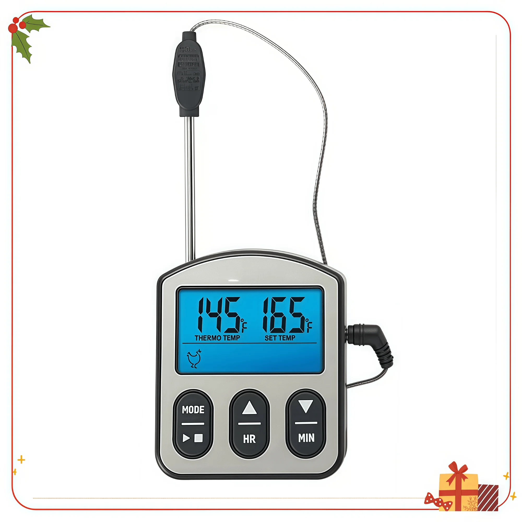 Wired Stainless Steel Probe Digital Meat 0.3lb Thermometer with Backlight Display Screen Gray