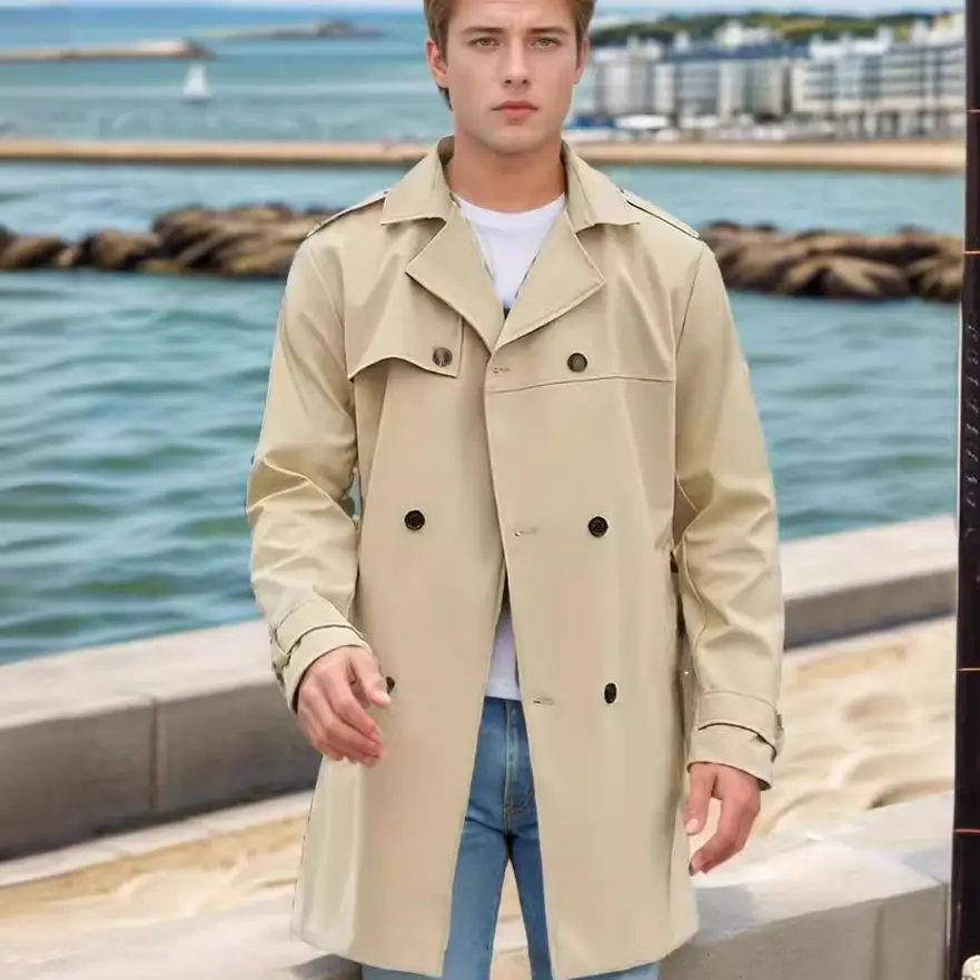 

Men's Long Sved Trench Coat Double Lapel Double Coat Faion Urban Sle Autumn Season Long Length Double Row Button Pure Color
