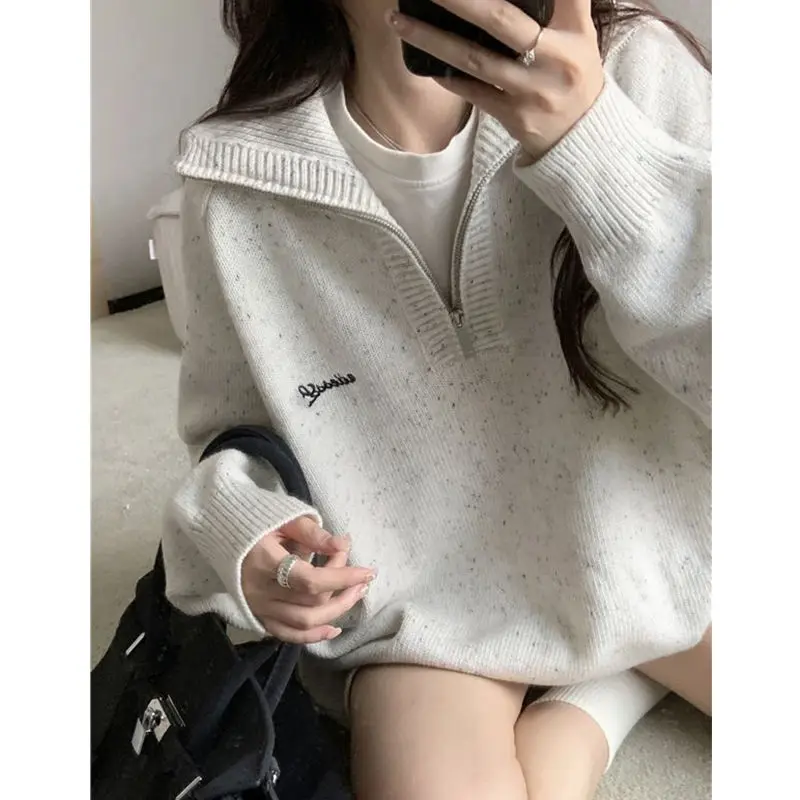 Deeptown Vintage Distressed Sweater Women Korean Style Half Zip-up Knit Female Jumper Japanese Fashion Preppy Knitwear Oversized