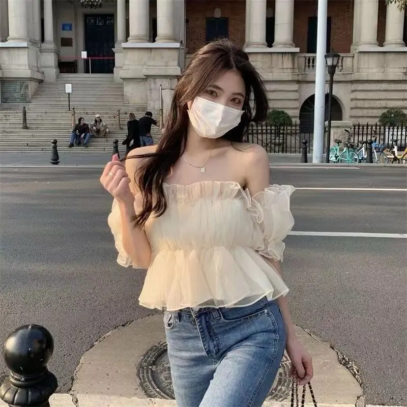 

Блузки женские с открытыми плечами с пышными рукавами летние темпераментные элитные нишевые нежные новые милые топы для девочек элегантная уличная одежда Ulzzang