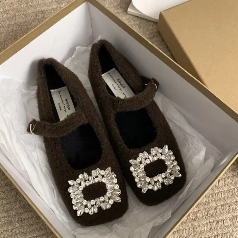 Luxury Crystal Buckle Fleece ballerine donna Winter Square Toe Warm Wool Mary Janes Shoes Ladies Brand Design Party Zapatos