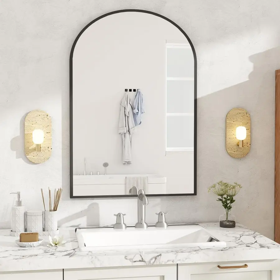 

Black Metal Arch Vanity Rounded Rectangle Bathroom Mirrors for Over Sink Wall, 27x38 Inch Large Matte Mirror, Modern Decorative