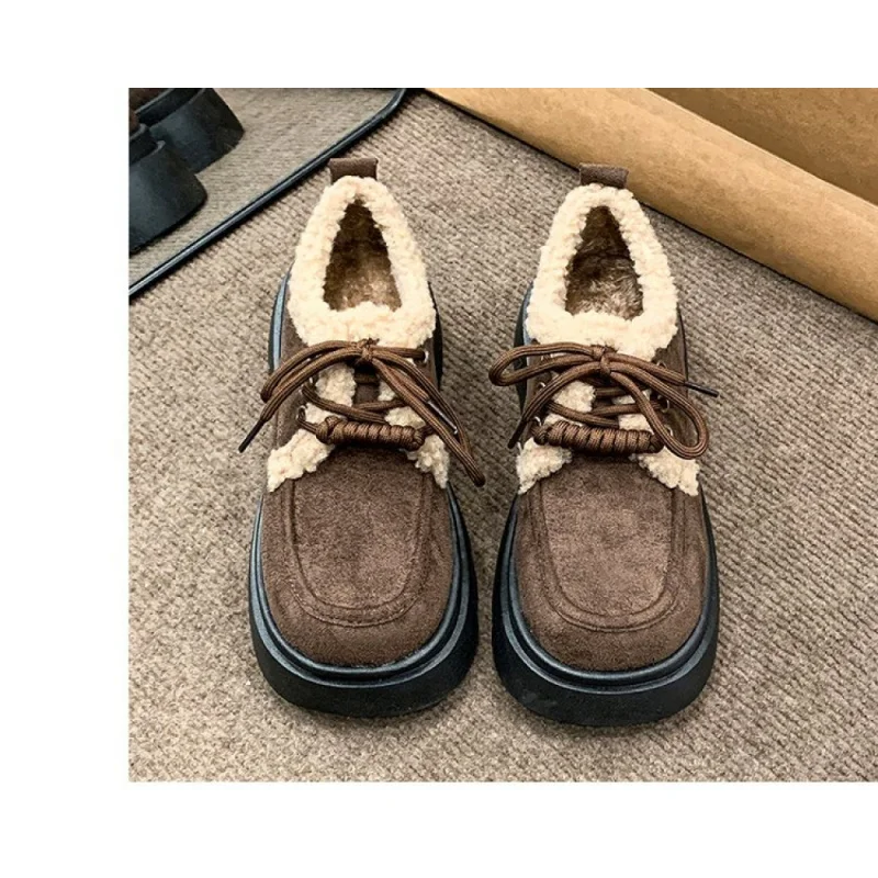 

Winter 2025 New Plush Lined Loafers Women's Retro Chunky Platform Fluffy Leather Shoes Comfortable & Warm