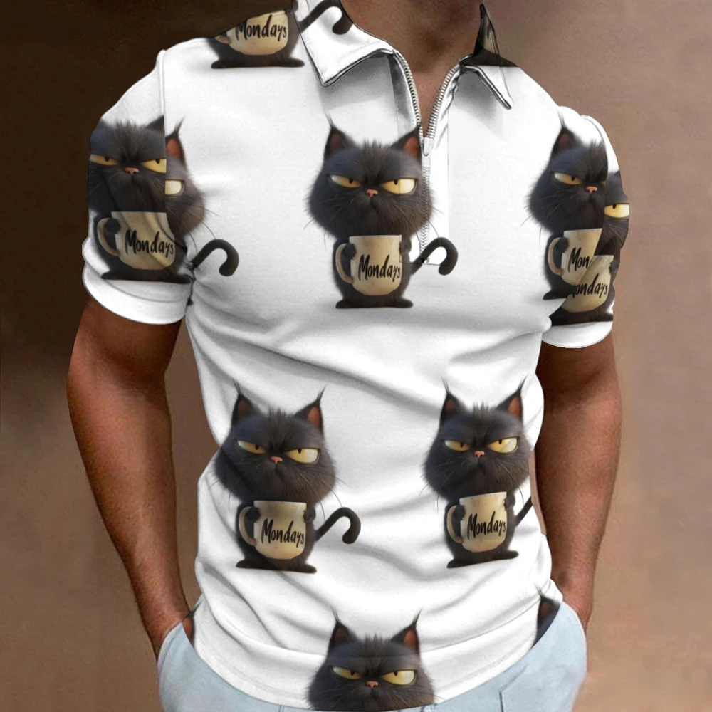 

New Series Animal Printed Man's Polo Shirt Fashion Cat Graphic Half Zip Up Men's Short Sleeve Tops Big Size Polo Shirts Summer