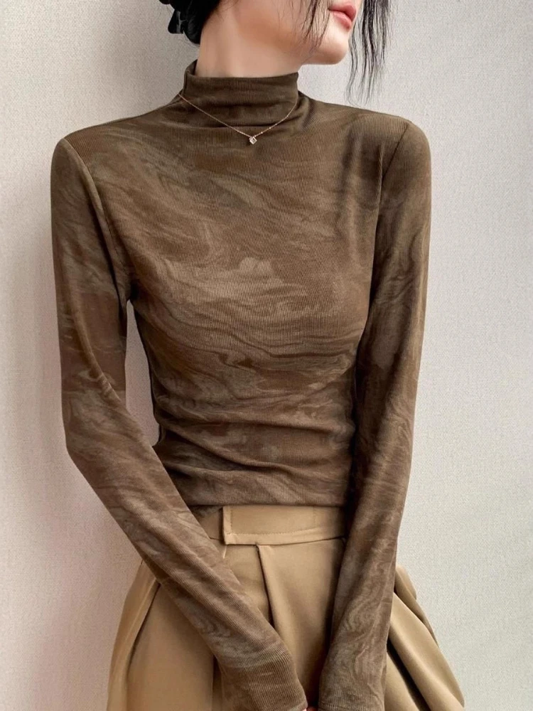 

New Fall Winter Print Sweaters Knitted Pullovers Women Half Turtleneck Slim Fit Top Long Sleeve Basic Shirt Thermal Soft Sweater