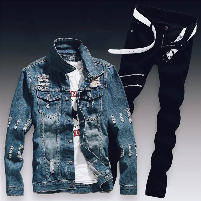 Spring Mens Denim Two Piece Set Hole Ripped Slim Fit Jacket Jeans Sets Male Casual Vintage Ropa Hombre Cargo Suit Streetwear