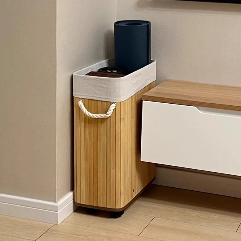 Luxury Yoga Mat Basket, Bamboo Caster Wheel Narrow Shelf, Home Laundry Storage Hamper, Stylish Large-Capacity End Table