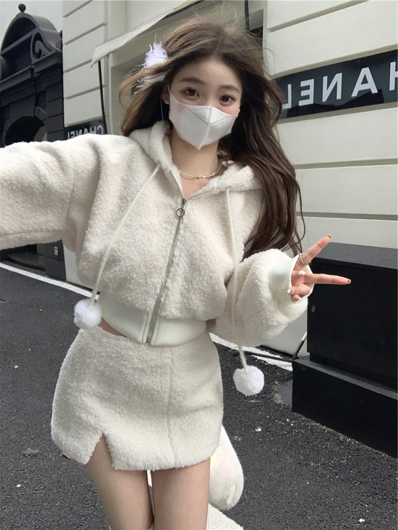 

Women Spring Zipper Hoodies Jacket Split Mini Skirt Suit Autumn Elegant Solid Two Piece Skirt Sets Sexy Korean Style Outfits