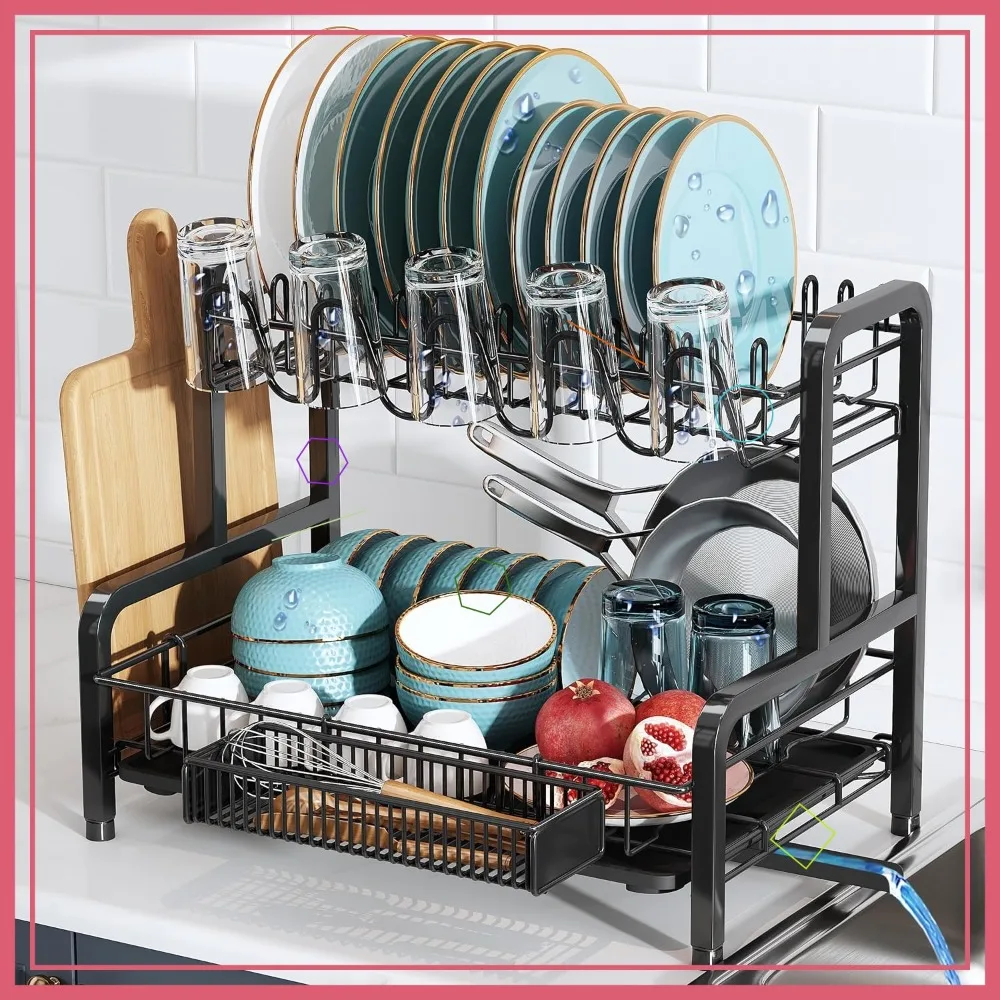 

2-Tier Stainless Steel Dish Drying Rack with Drainboard, Space-Saving Modern Black Countertop Holder and Extra Tray