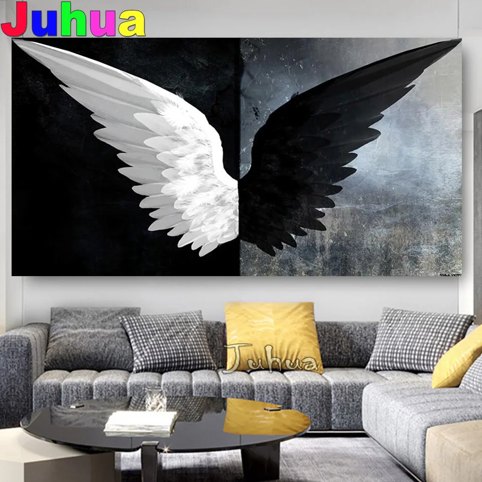 

Black White Angel Wings Diamond Painting Liger Size 5d Cross Stitch Diamond Mosaic Full Square Round Drill Embroidery Home Decor