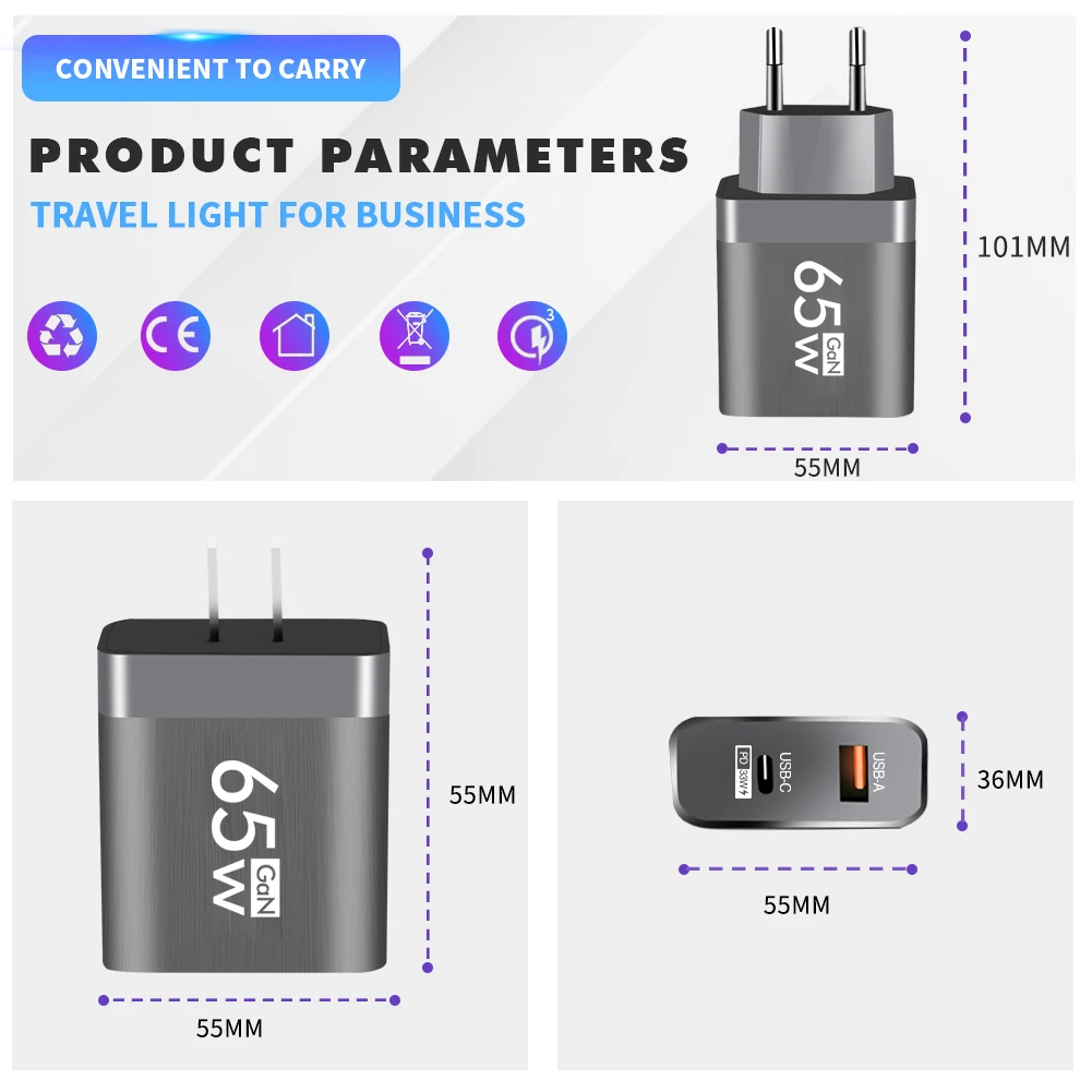 PD 65W GaN Phone Wall Charger Fast Charging Type C USB Dual Ports Charger Mobile Phone Adapter For iPhone Xiaomi Samsung Huawei - náhled 6