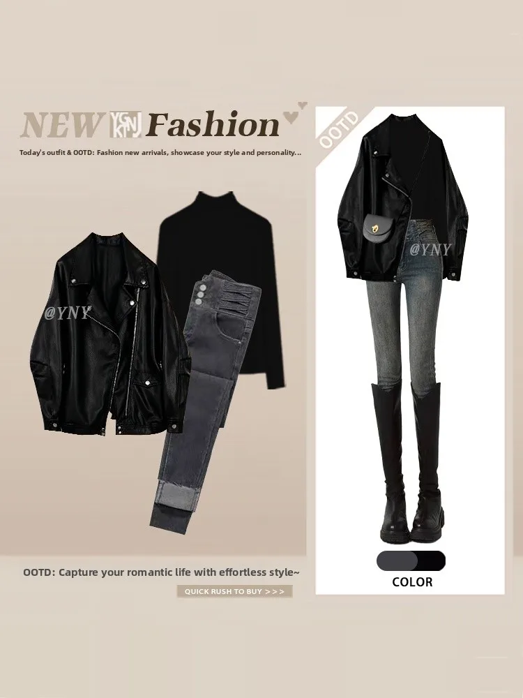 

Bla Leather Jaet, женский крутой мотоциклетный комплект высокого класса Sensation Base irt, узкие джинсы, комплект из футболки, зимняя мода