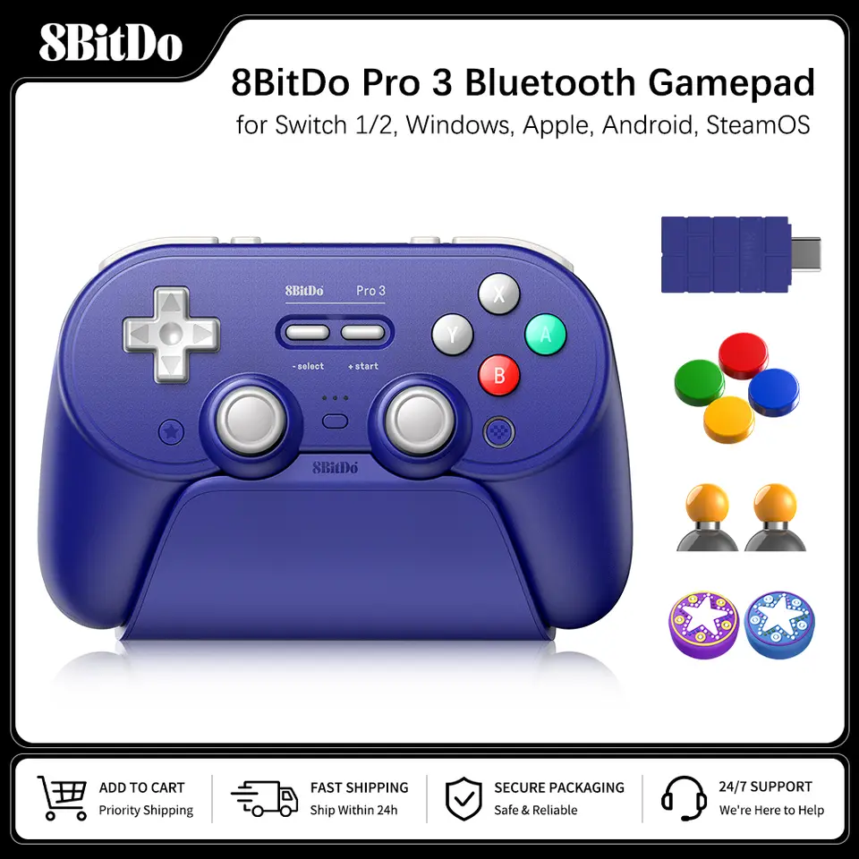 8BitDo Pro 3 يد تحكم ألعاب بلوتوث لاسلكية لسويتش 1/2، ويندوز، أبل، مع عصي تحكم TMR قابلة للتبديل