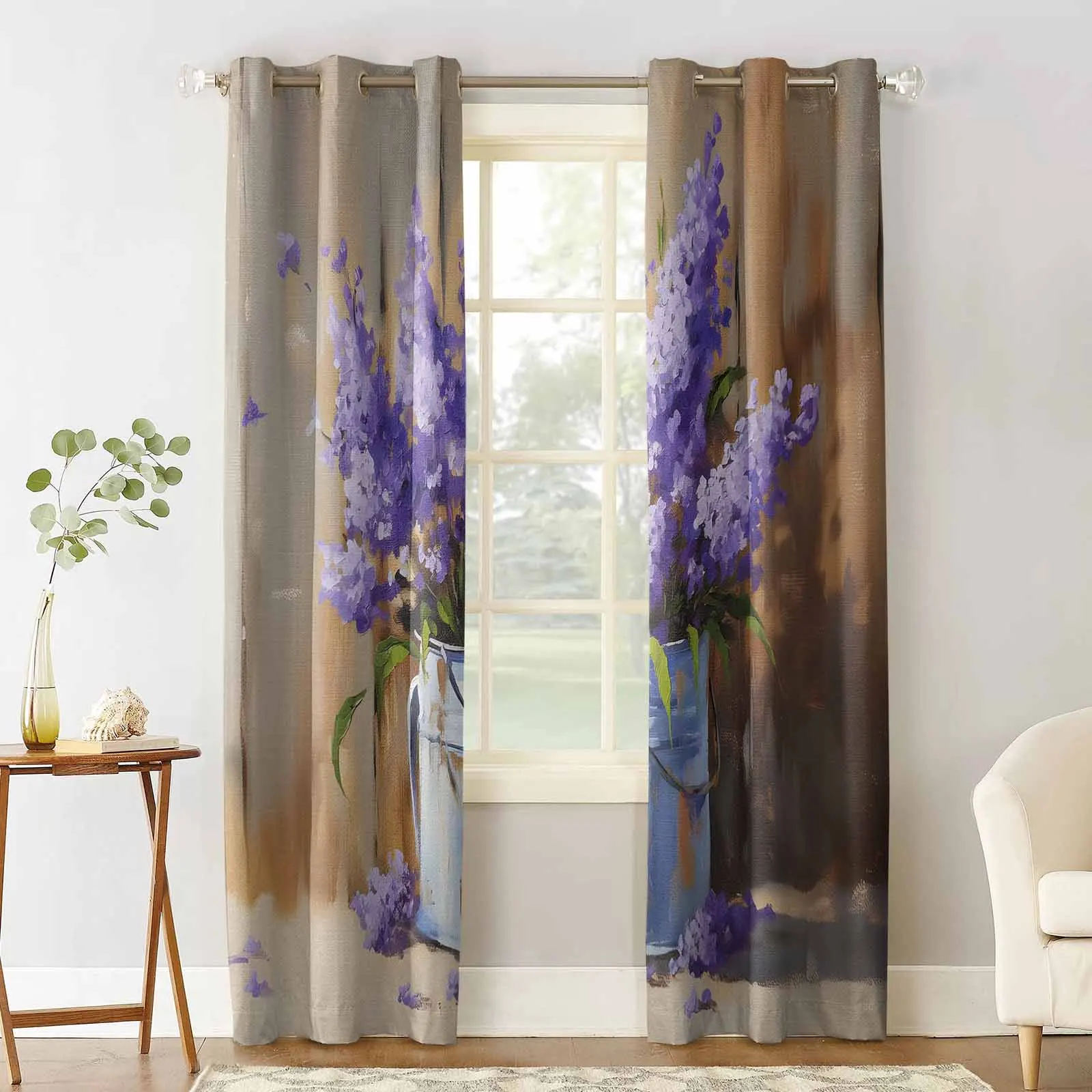 Oil Painting Purple Lavender Iron Bucket Curtains For Living Room Kids Bedroom Window Curtain Balcony Hall Drape Long Cortinas