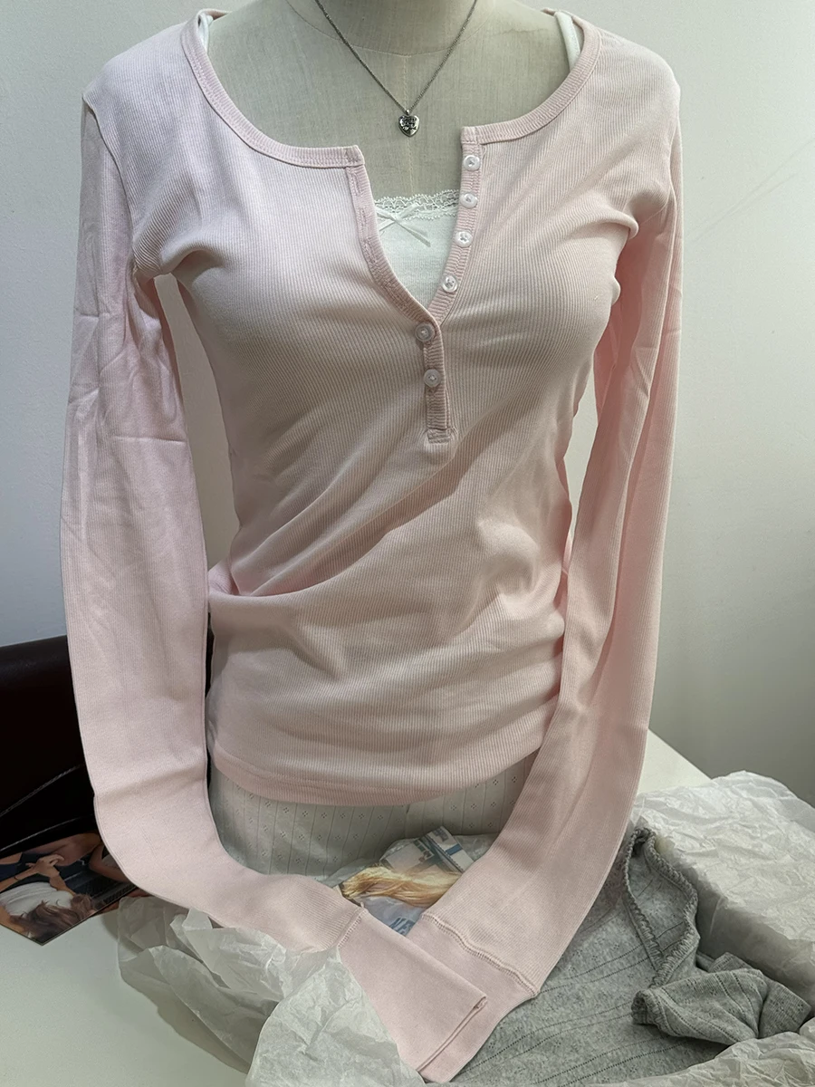 

Buttons Ribbed Long Sleeve Tees Women Spring New Casual Simple Basic Cotton Slim Zelly Tops Pink Sweet Preppy Style T-shirts