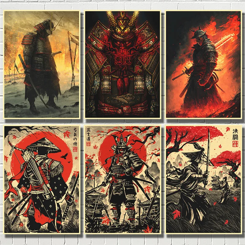 Japan Samurai Kraft paper Poster Home Wall Art Prints Pictures Bedroom Living Room Decor Murals Shop Bar Decoration