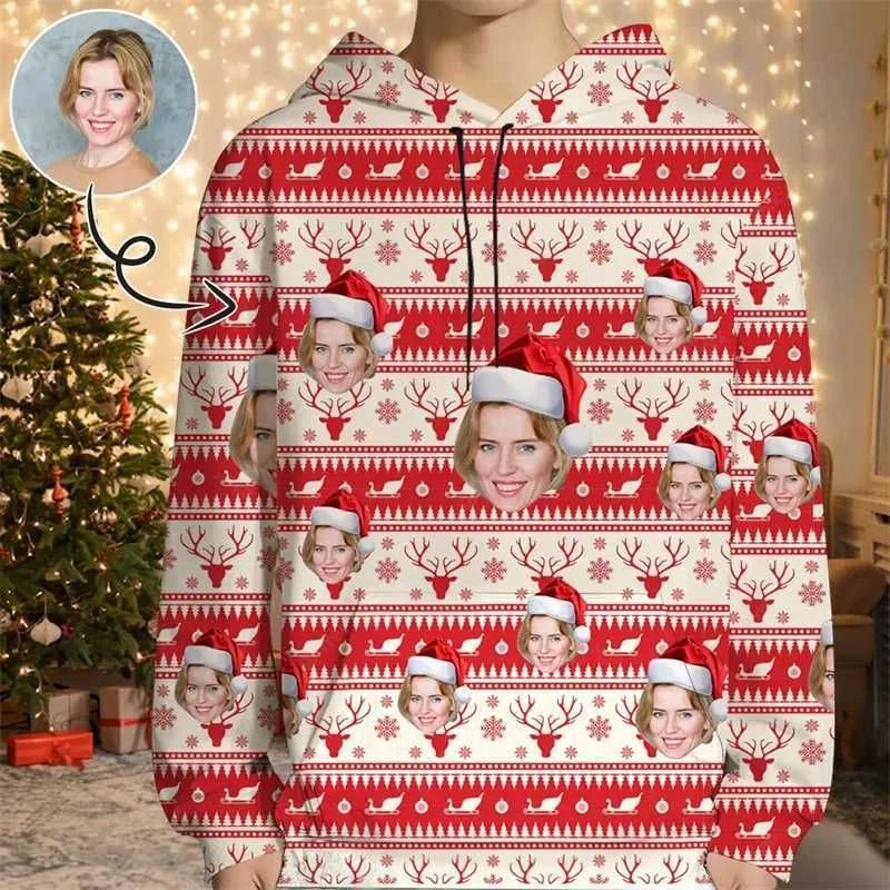 3D Print Christmas Hoodie For Men Women Customized Portrait Pattern Sweatshirt Casual Tops Loose Pullovers Long Sleeves Hoodies