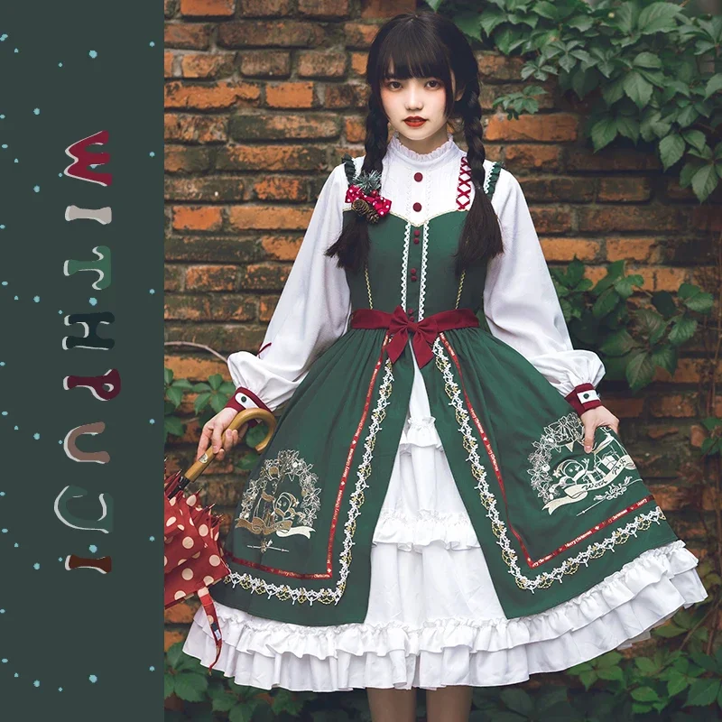 FC6Autumn/Winter Lolita OP Sweet Fake Two-piece Set With Bow Lace Elk Snowmen Embroidery Christmas Eve Kawaii Dress Fluffy @FC8！