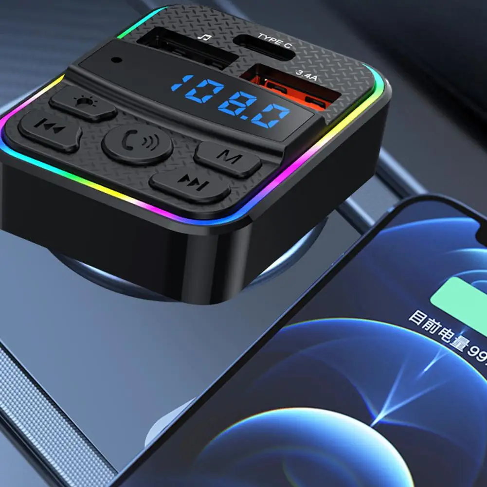 

Bluetooth 5.0 Car FM Transmitter Type-C Dual USB Ambient Light Player Wireless MP3 Type-C Handsfree Charger U2N0