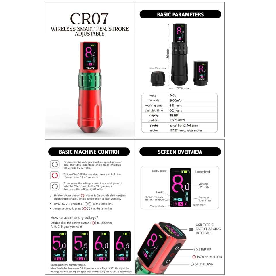 Máquina de tatuaje inalámbrica con trazo ajustable 2.4-4.2mm, batería recargable 2000mAh para suministros profesionales PMU 2