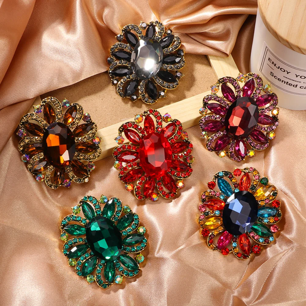 Vintage Big Flower Crystal Brooch Oval Multicolor Gem Floral Lapel Pin Antique Badge Banquet Wedding Women Suit Coat Accessory