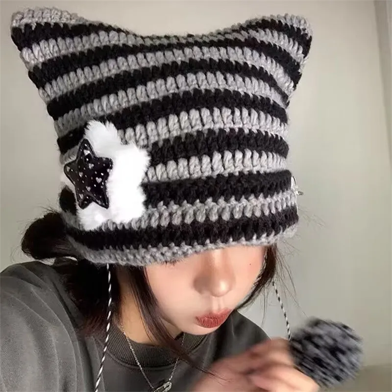 Women Cute Cat Beanies Cap Winter Warm Cat Ear Hats with Star Ornaments Y2K Grunge Earflap Beanies for Teen Girls Punk Windproof