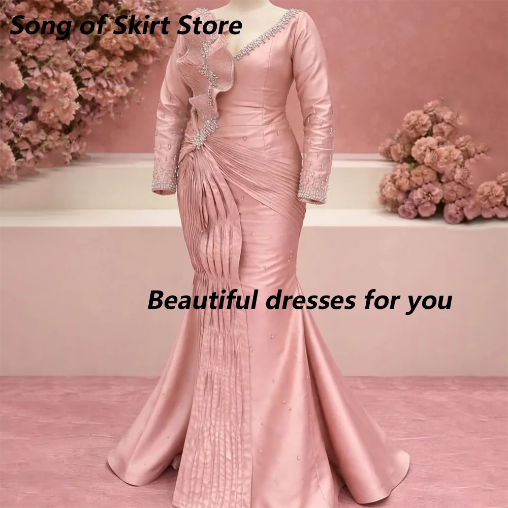 Plus Size Women's Evening Dresses Customized V-Neck Long Sleeves Mermaid Evening Gown Fashion Crystal Satin Formal Party Dresses