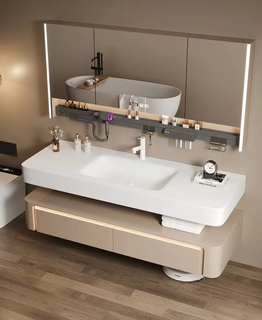 

-Шкаф для ванной комнаты из цельного дерева в итальянском минималистском стиле, встроенный каменный умывальник, туалетный столик для ванной комнаты с умным зеркалом