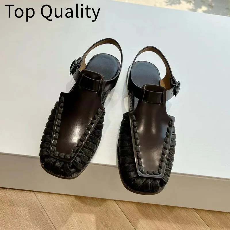 Women's new cowhide strap follow-up shoes women's solid color square toe lace embellishment design casual sandals