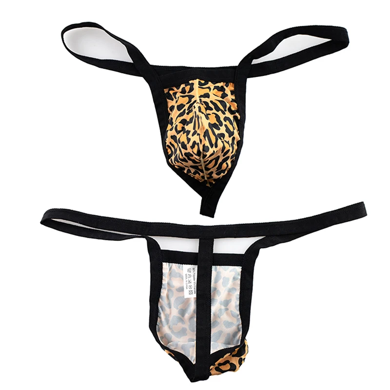 CLEVER-MENMODE Men\'s Sexy Thong Bulge Penis Pouch T Back Breathable Soft Underwear U Convex G String Bikini Leopard Print Male