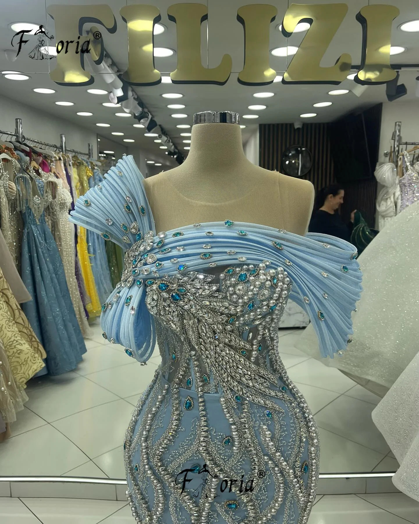 Prachtige Parels Kralen Dubai Formele Feestjurk Blauwe Kristallen Zeemeermin Avondjurken Elegant Engament Vestidos De Festa